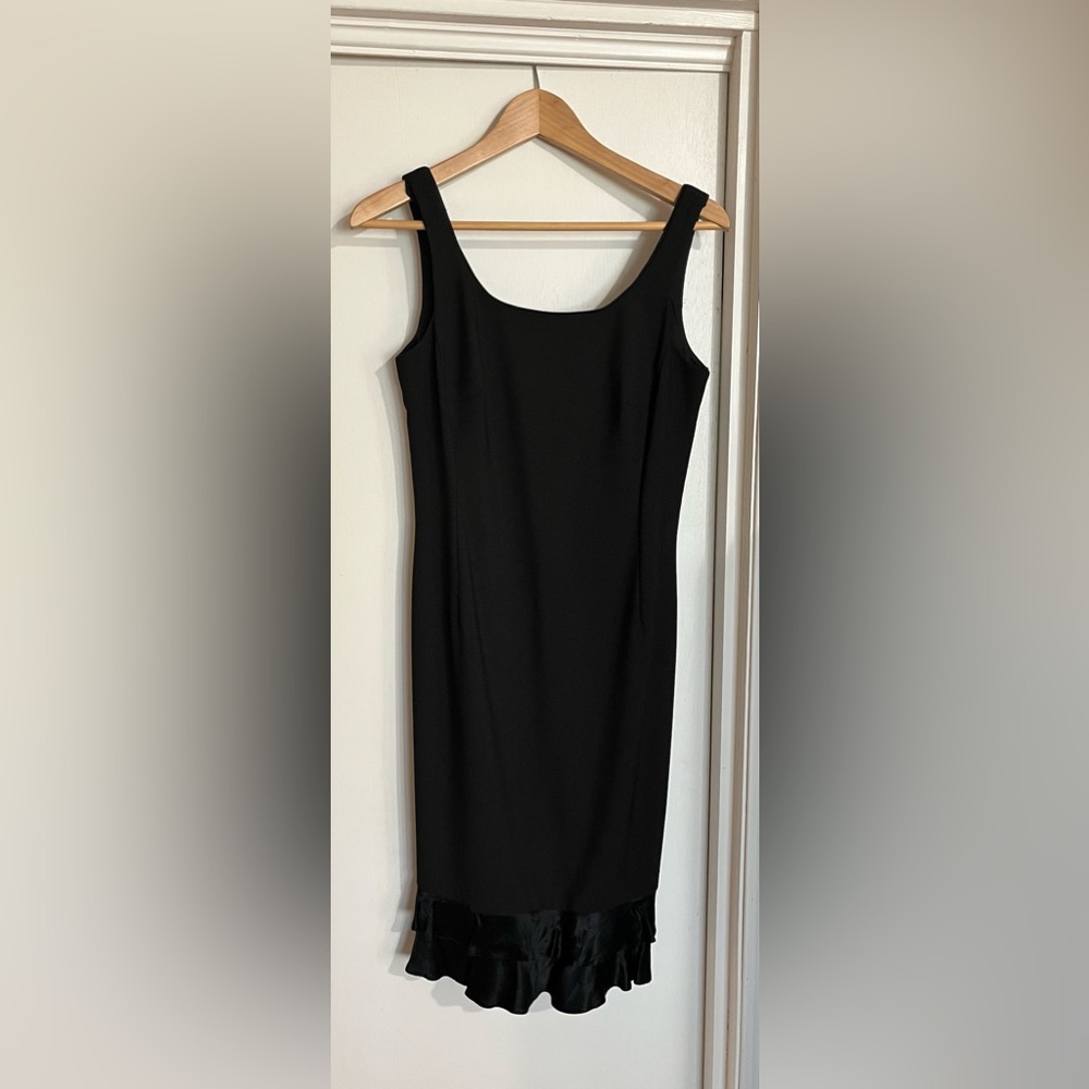Alago sleeveless round neck little black dress LBD with satin flounce, size 4